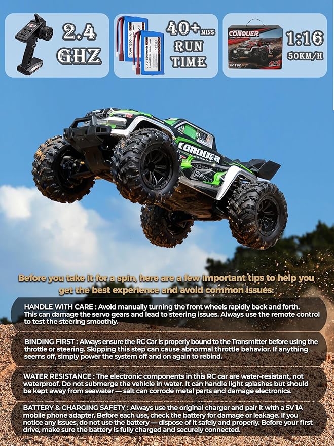1:16 Scale RC Cars for Adults High-Speed 4WD Offroad Hobby Remote Control Truck 50km/h Fast 2.4GHz All Terrain RC Monster Buggy with 2 Batteries (RTR/Red)