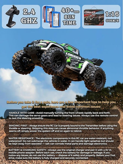 1:16 Scale RC Cars for Adults High-Speed 4WD Offroad Hobby Remote Control Truck 50km/h Fast 2.4GHz All Terrain RC Monster Buggy with 2 Batteries (RTR/Red)
