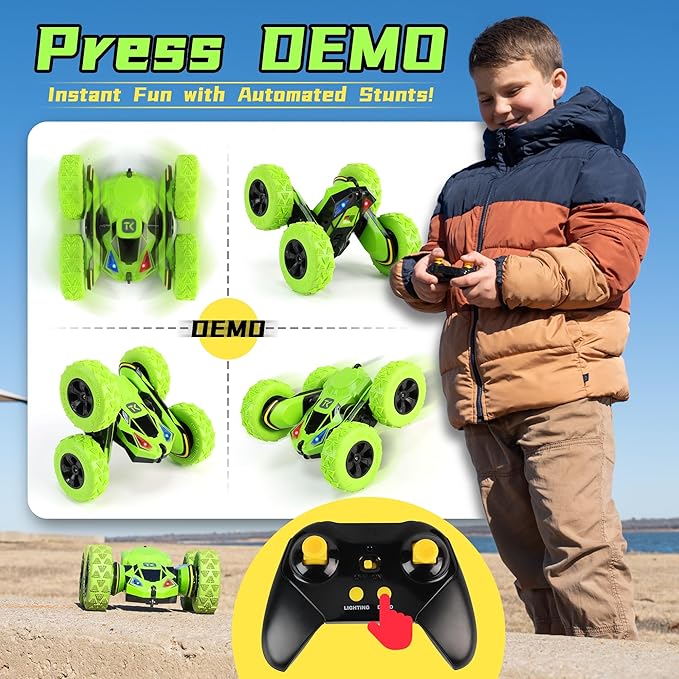 Threeking Remote Control Car RC Flip Stunt Double Sided Driving Cars Toys for Boys Girls Ages 6-12 4WD 360° Flips with Breathing Soft Lights Presents Gifts Green