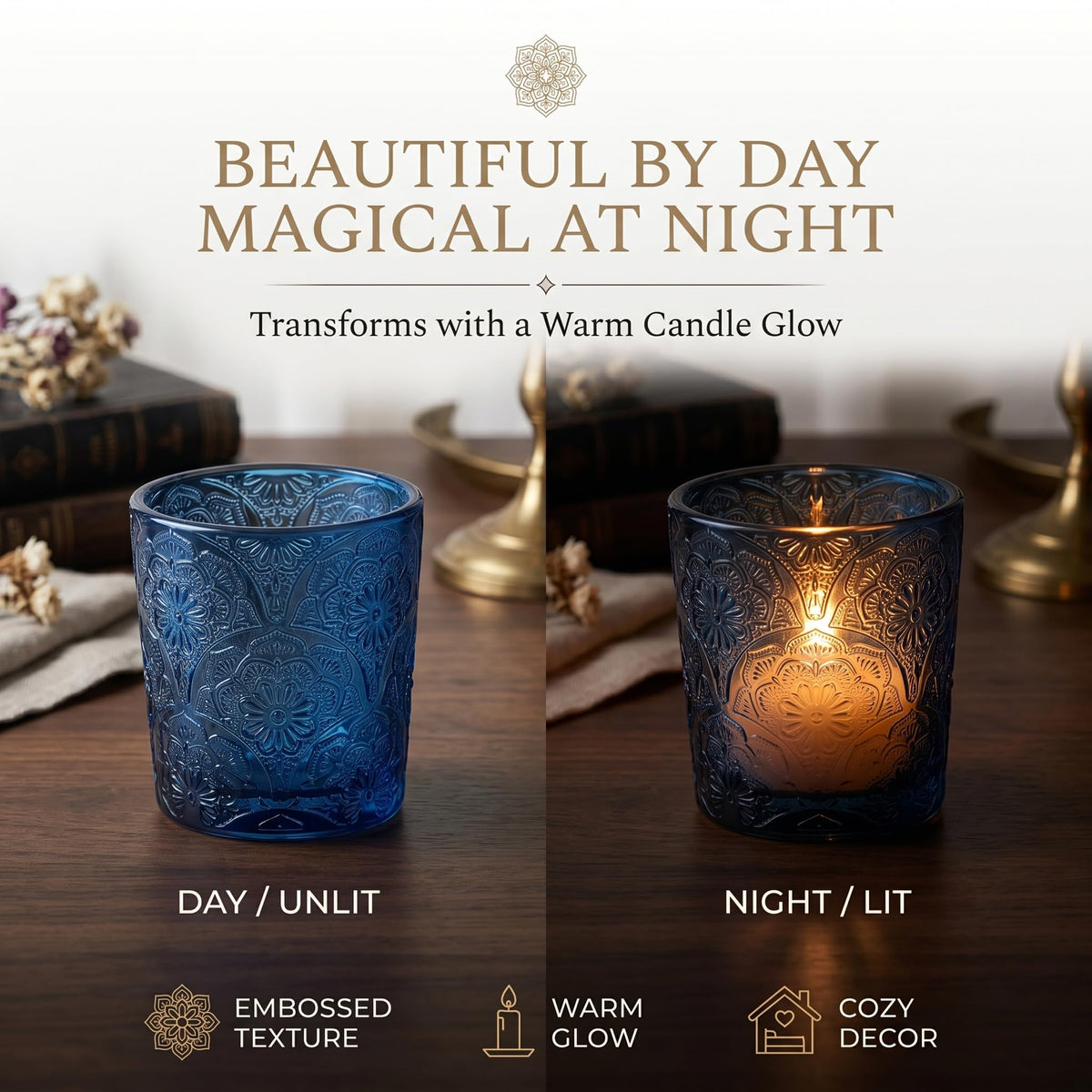6 Pack Mandala Embossed Glass Candle Holders – Votive Tealight Holders with Patent Design, Decorative Embossed Glass Cups for Wedding Centerpieces, Parties, and Home Décor (Ocean Blue)