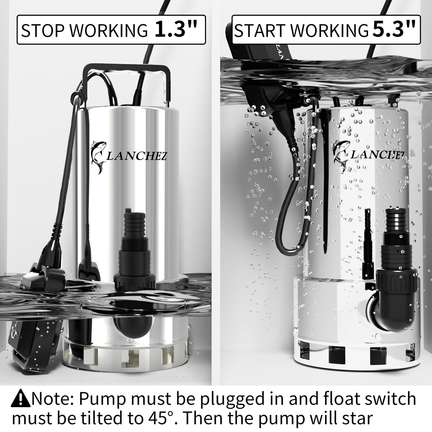 LANCHEZ 1.6HP 6000GPH Sump Pump, Stainless Steel High Flow Submersible Water Pump with Float Switch, Automatic Transfer Water Pump for Swimming Pool Basement Flooded Pit Sewage Sink Tub, Silver