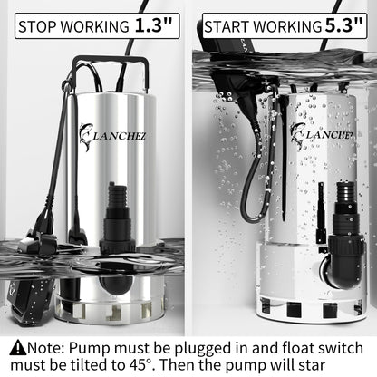 LANCHEZ 1.6HP 6000GPH Sump Pump, Stainless Steel High Flow Submersible Water Pump with Float Switch, Automatic Transfer Water Pump for Swimming Pool Basement Flooded Pit Sewage Sink Tub, Silver