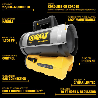 DEWALT 68000 BTU/H 1700 SQ FT Forced AIR Propane Heater