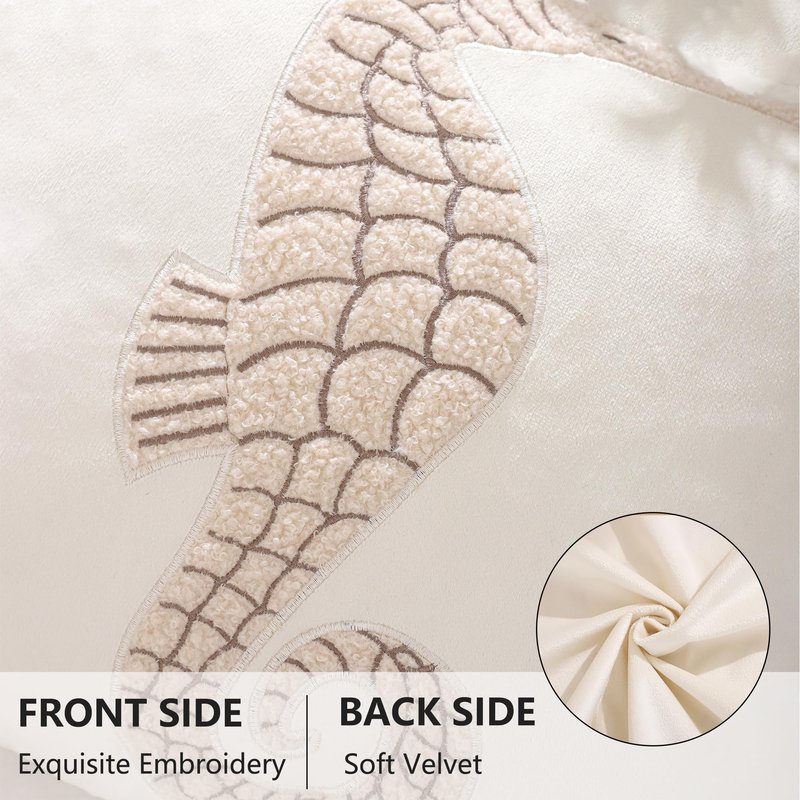 Tosleo Coastal Throw Pillow Covers 18x18 Pack of 2 Beige Seahouse Embroidered Pillow Covers Beach Velvet Pillow Cushion Cases Farmhouse Decor Ocean Themed Pillowcase for Summer