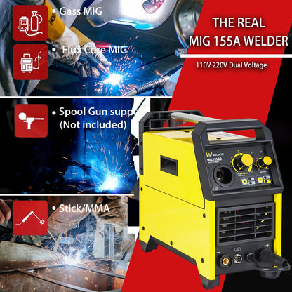 Weldpro 155A MIG Welder, 4 in 1 Welding Machine，Flux Core MIG/Gas MIG/Aluminum Spool Gun/MMA/Stick Welder, 110V/220V Welder Machine with Synergy, IGBT Inverter Portable Welder Equipment for Beginner