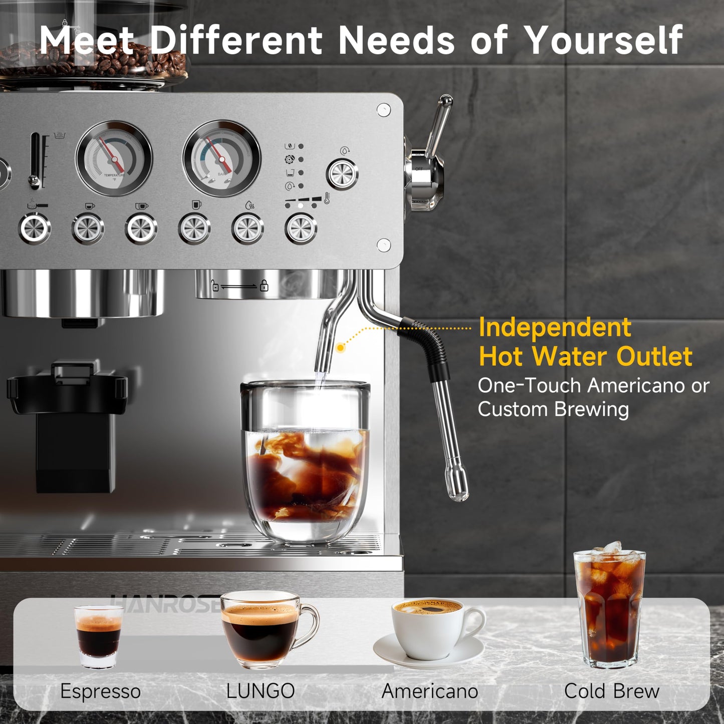 HANROSE Espresso Machine with Grinder, 20Bar Espresso Machine Stainless Steel, Coffee Machine with Milk Frother for Latte/Cappuccino, Adjustable Temperature, Independent Hot Water & Americano Function