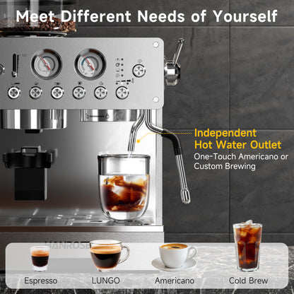 HANROSE Espresso Machine with Grinder, 20Bar Espresso Machine Stainless Steel, Coffee Machine with Milk Frother for Latte/Cappuccino, Adjustable Temperature, Independent Hot Water & Americano Function