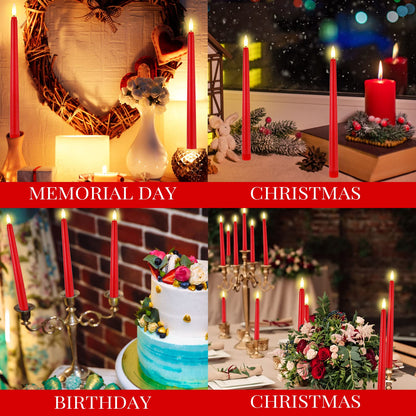 Macarrie 24 Packs Flameless Taper Candles Battery Operated Fake 11 Inch Long Candlelight LED Flameless Candlesticks Flickering Tapered for Spring Summer Wedding(Red)