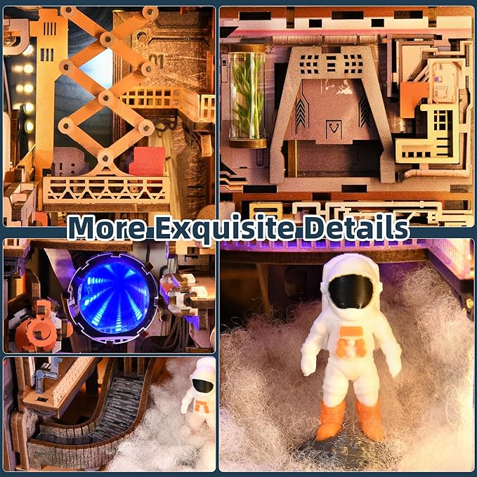 Book Nook Kit DIY Doll House Booknook Miniature Kit for Bookshelf Doll Houses for Adults Teen Halloween 3D Wooden Puzzle Bookends with Led Light and Dust Cover (Aerospace Foundry)