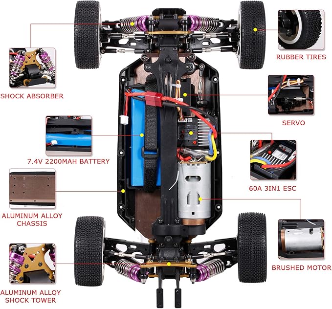 GoolRC WLtoys 124019 RC Cars 1/12 Scale 2.4GHz Remote Control Car for Adults 60km/h High Speed Racing Vehicle 4WD Off-Road RC Buggy Car with Aluminum Alloy Chassis and 2 Batteries