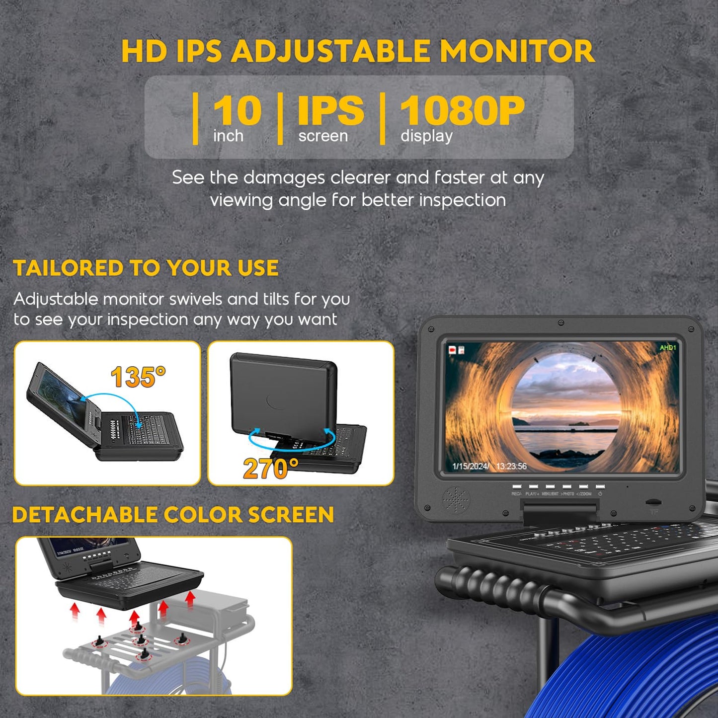 Anysun Sewer Camera 512Hz, Self-Leveling & Distance Counter, 7mm Thicker Cable, Keyboard, 10" IPS Adjustable Monitor,1-Touch Video/Audio, Drain Pipe Inspection Camera IP68 with DVR & 16GB Card - 165Ft
