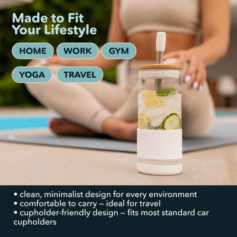 Pandaloo® Glass Cups With Lids and Straws -20 Fl Oz- Perfect Size Iced Coffee Cup - Smoothie Cup With Bamboo Lid and On the go Lid - Glass Tumbler With Straw (1 Count (Pack of 1), Black Saphir)