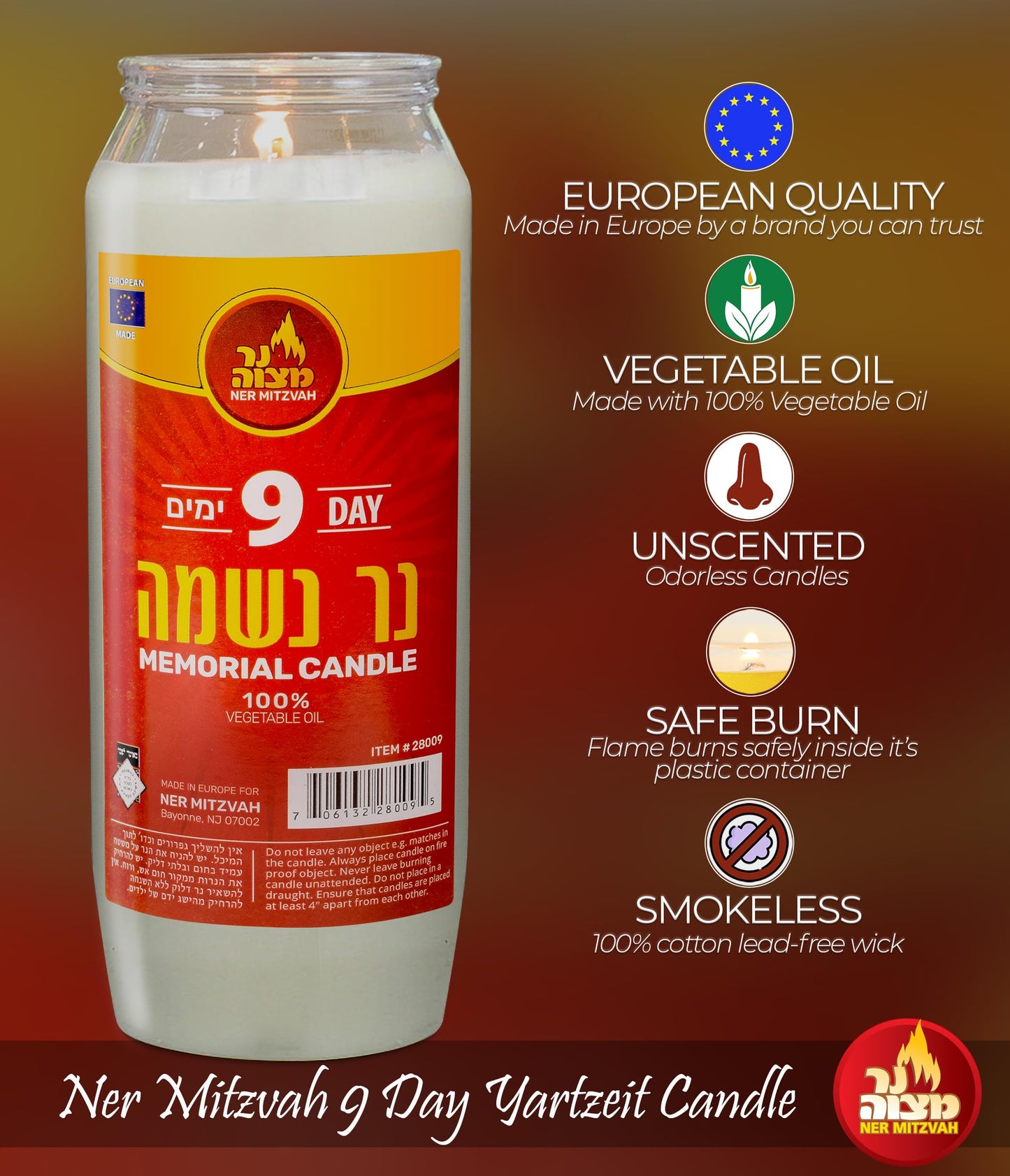 Ner Mitzvah 9 Day Yartzeit Candle - 6 Pack Kosher Yahrtzeit Memorial and Yom Kippur Candle in Plastic Holder