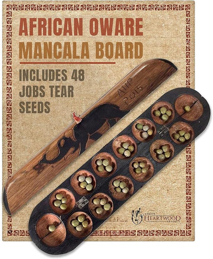Africa Heartwood Project African Oware Mancala Board - Extended Size Hand-Carved Solid Wood with Elephant Design Wooden Folding Mancala 21 Board 48 Grey Green Tear Seeds and Playing Instructions