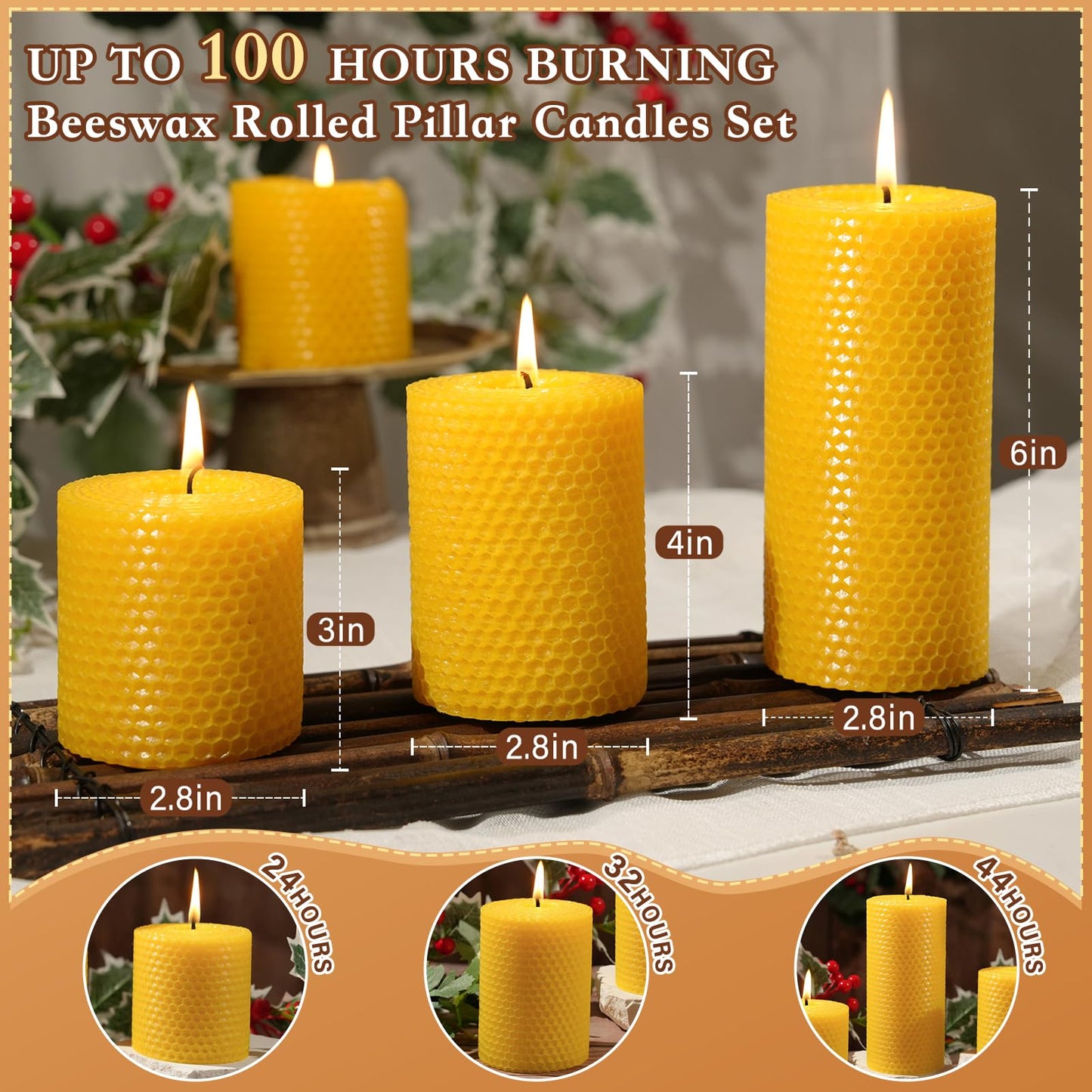 Beeswax Pillar Candles,Hand Rolled Honeycomb Design,3 Sizes,100 Hours Total
