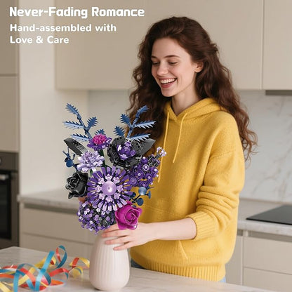 Purple Flower Bouquet Building Set with Vase Plant Botanical Collection for Adults Women Girl 14+ Gothic Home Decor