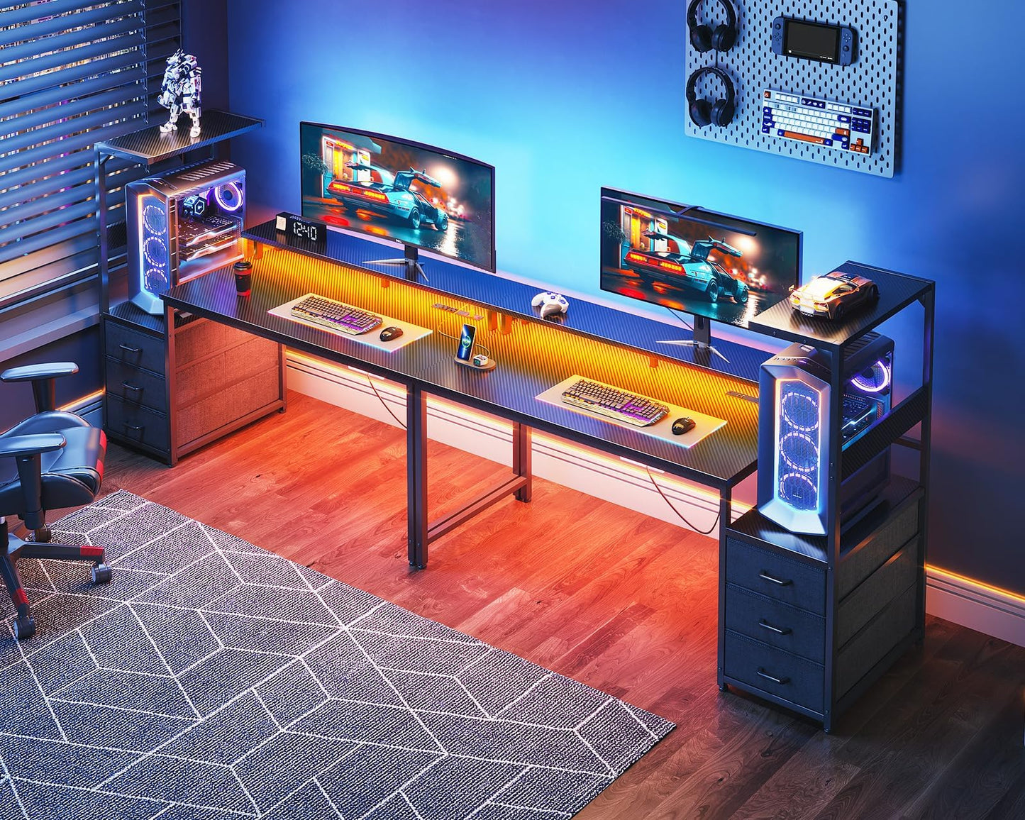 AODK 59 Inch Gaming Desk with USB Charging Ports & LED Light- Reversible Computer Desk with Storage Shelves & Monitor Stand, Modern Gamer Desk Table with Fabric Drawers & Side Hook, Carbon Fiber Black