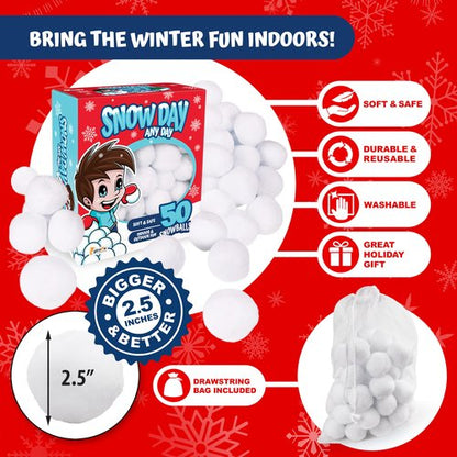 Giraffe 50 Pack Jumbo Fun Fake Snowball for Kids 2.5 Inches - Artificial Snowballs Bulk for Indoor and Outdoor - Snow Ball for Decorations, Winter Toy Games Fights - Fun Christmas Party Activities