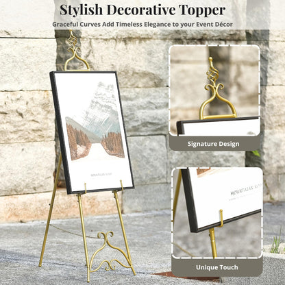 CaliDecor 58.5” H Gold Easel Stand for Sign, Large Adjustable Metal Display Standing for Displaying Pictures Wedding Poster Holder Showcasing with Chain Support