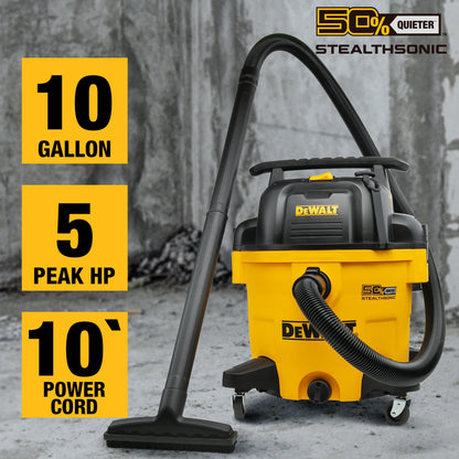 DEWALT 10 Gallon 5.0 Peak HP STEALTHSONIC Shop Vacuum Wet and Dry, Ultra Quiet Wet Dry Vac, Ideal for Jobsite, Garage, Car & Workshop, DXV10P-QT with Attachments & Powerful Suction, Portable Cleaning