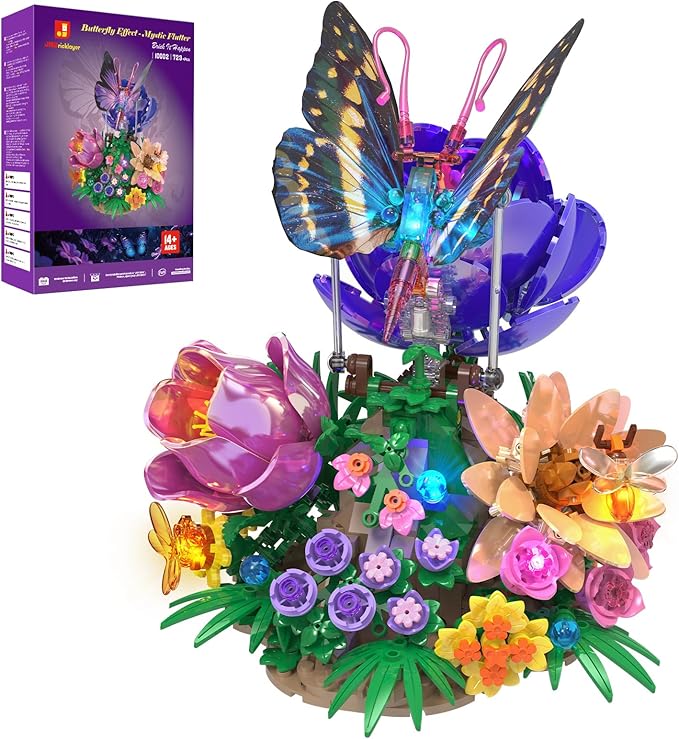 JMBricklayer Butterfly Building Set with Light for Adults Botanical Flowers Collection Building Blocks Set Creative Birthday Valentine's Day Gift for Women Mom Girlfriend Wife