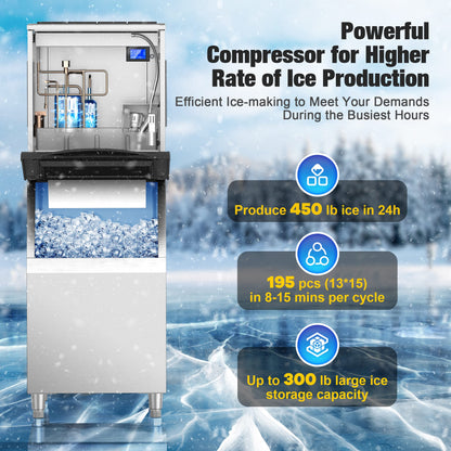 Coolski Commercial Ice Maker Machine 450LBS/24H, 22'' Wide Ice Machine with 300LBS Large Storage Bin, Clear Ice Cubes Air Cooled Stainless Steel Ice Maker for Restaurant/Bar/Cafe/Business