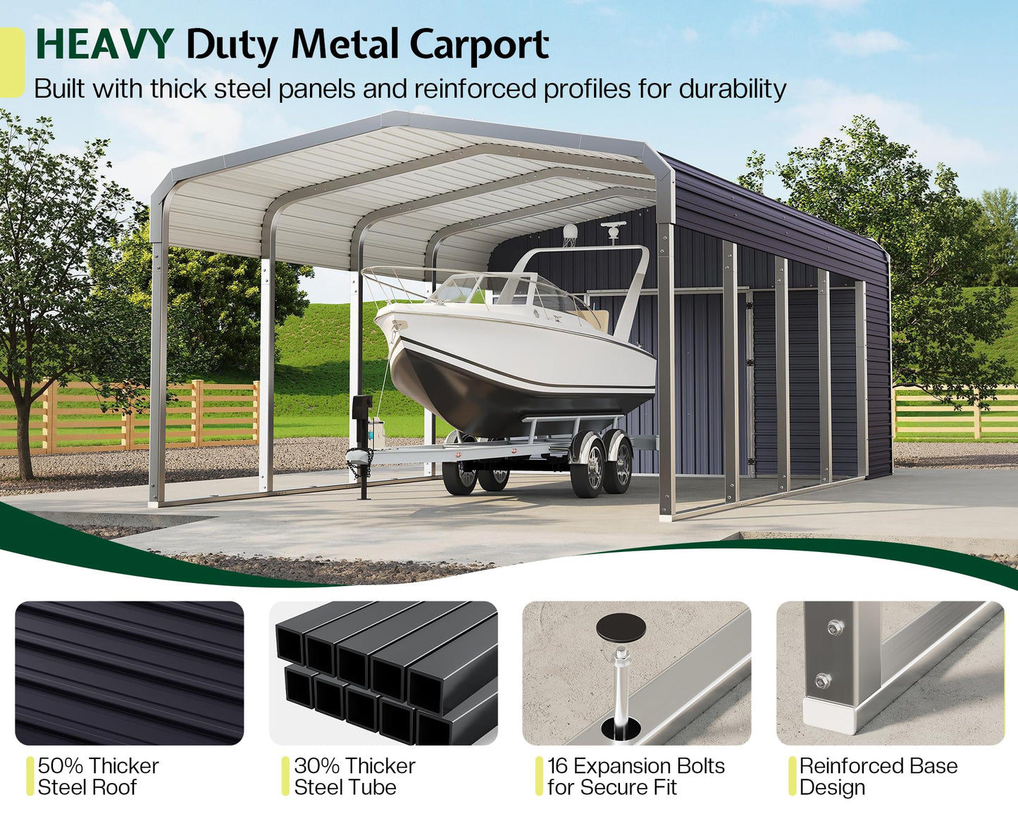 Jocisland 12x24 FT 2-in-1 Carport & Storage Shed, Heavy Duty Carport with Galvanized Steel Roof, 12x4.2 FT Metal Shed with 2 Transparent Panels & Double Doors, Car Canopy for Cars, Boats, Trucks