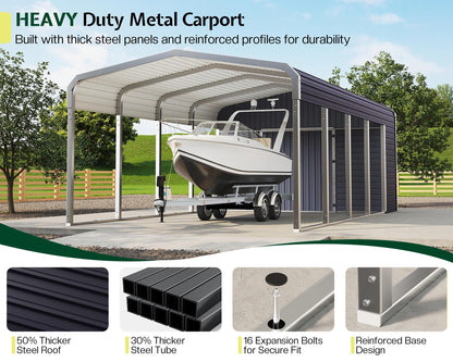 Jocisland 12x24 FT 2-in-1 Carport & Storage Shed, Heavy Duty Carport with Galvanized Steel Roof, 12x4.2 FT Metal Shed with 2 Transparent Panels & Double Doors, Car Canopy for Cars, Boats, Trucks