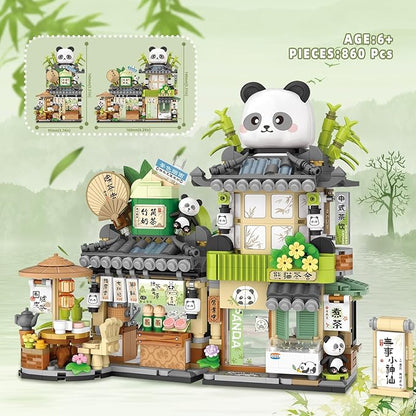 Street View Tea Shop Mini Building Blocks MOC Creative Building Toys Cute Panda Animals Building Set for Girls 6-12 Simulation Architecture Construction Toy Gift Idea for Kids Adults (860PCS)