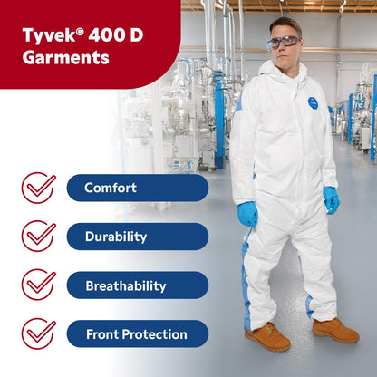 DuPont Tyvek 400D TD127S ProShield Protective Coverall with Zipper Front, Hood and Elastic Cuffs, White/Blue, 3X-Large (Pack of 25)
