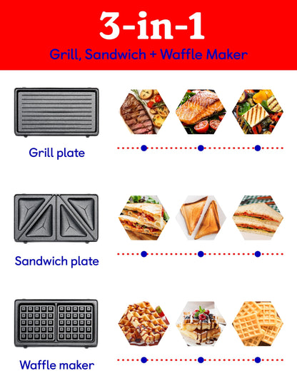 Betty Crocker 3-in-1 Indoor Grill, Sandwich/Panini Press & Waffle Maker Plus, Electric Grill Indoor with Interchangeable Non-Stick Plates, 750 Watts, BC-4965S, Silver
