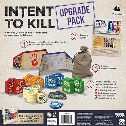 Intent to Kill Deluxe Upgrade by 25th Century Games | Ages 14+ | 2-4 Players | Two New Scenarios | Wooden Upgrade Components | an Evidence Token Bag and Player Screens
