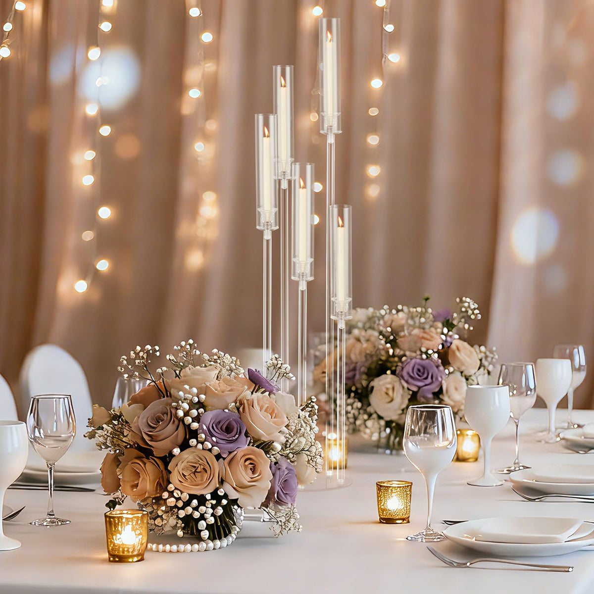 1pcs 45.7in Tall 5 Arm Acrylic Candelabra Centerpieces with Acrylic Shade for Table and Floor, Clear Candle Holders for Wedding Ceremony Birthday Party Home Decoration Fit 0.8in Candles (No Candle)