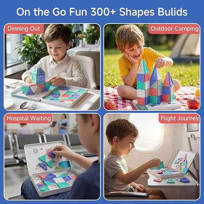Magnetic Tiles Travel Set 40 PCS Morandi Building Block with Tin Box- 90Mins Quiet Play 45s Cleanup - Airplane Car Trip Activity Toy for Boys Age 3 4 5 6