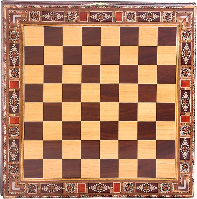 Egypt Pharaoh Antique Copper Figures Metal Chess Set for Adults Handmade Pieces and Natural Solid Wooden Chess Board with Pearl Design Around Board and Storage Inside King 3.4inc