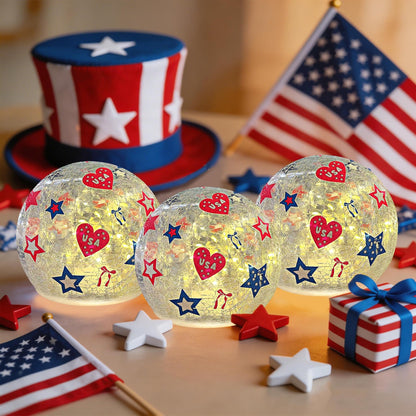 3PCS Independence Day Decorative Lights, 3.93-inch Independence Day Desktop Decoration LED Night Light, Cracked Glass Ball Light with Timer, 4th of July Decoration (Love)