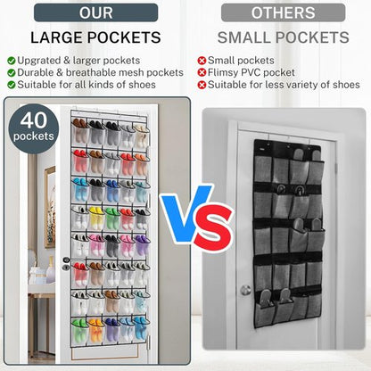 Hualleko Over The Door Shoe Organizer - Large Capacity Mesh Pocket Rack for 20 Pairs (White)