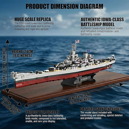 USS Missouri Battleship Building Blocks Set - Iowa-Class Warship Model 2228 Pieces 14+ Adult/Teen Building Toy 83cm Large Scale Replica with Display Stand for Collection &amp Decoration