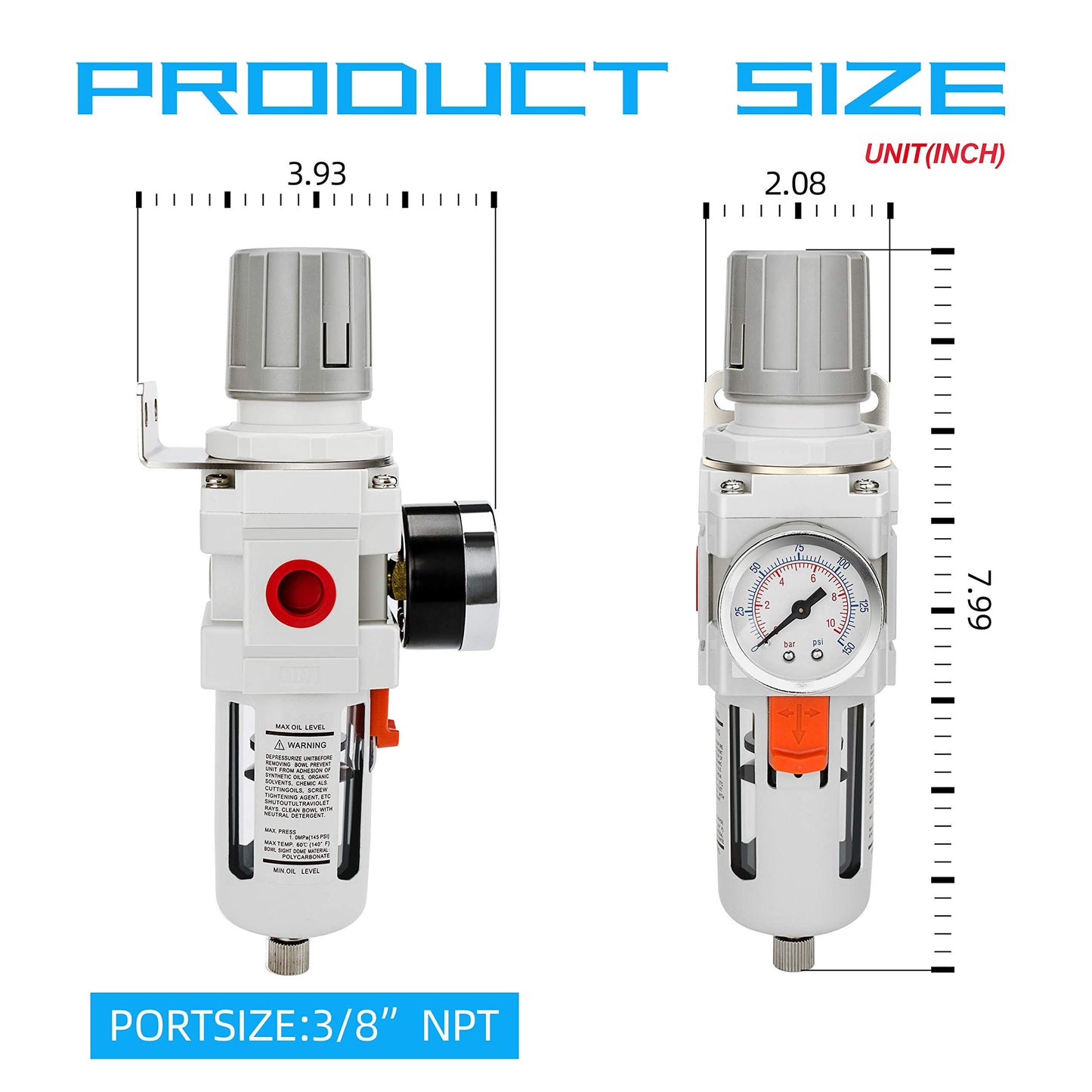 NANPU 3/8" NPT Compressed Air Filter Regulator Combo Piggyback, 5 Micron Brass Element, Poly Bowl, Semi-Auto Drain, Metal Bracket, 0-150 psi Gauge