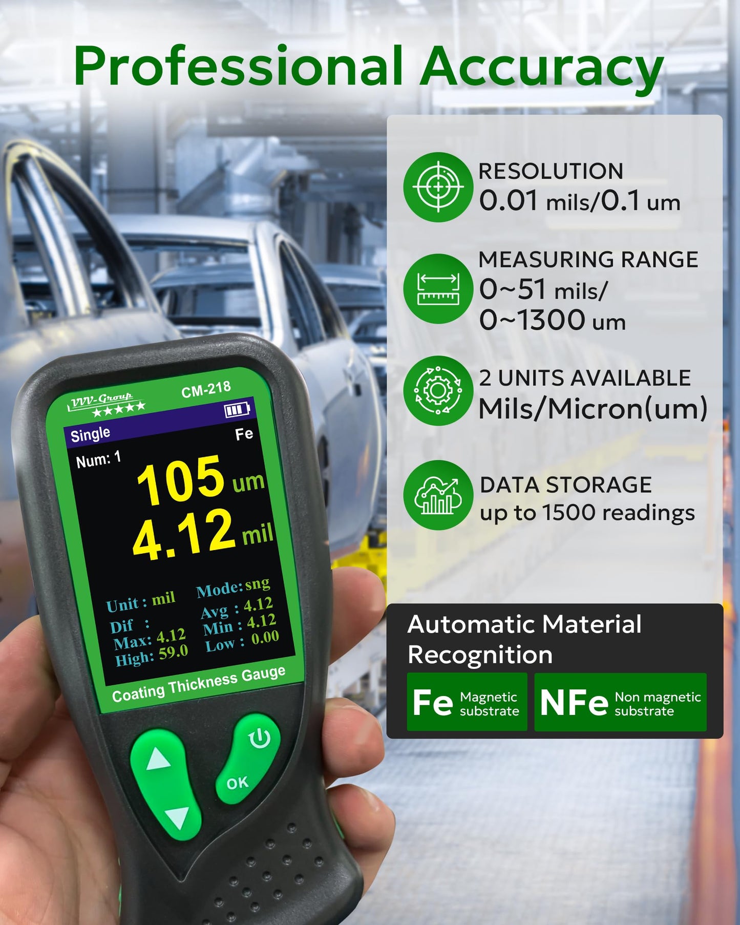 Digital Coating Thickness Gauge CM-218 Best Mil/Micron Paint Depth Meter for Car and Industrial (Resolution 0.01mils) (Fe/Al)