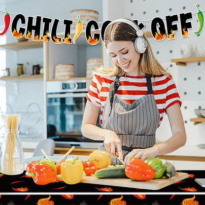 Iceyyyy 4 Pcs Black Chili Cook Off Table Decorations Set-108" x 54" Chilis Peppers Flame Table Covers 33 Ft Cooking Chili Contest Banner-Disposable Chilis Peppers Party Decorations for Party Supplies