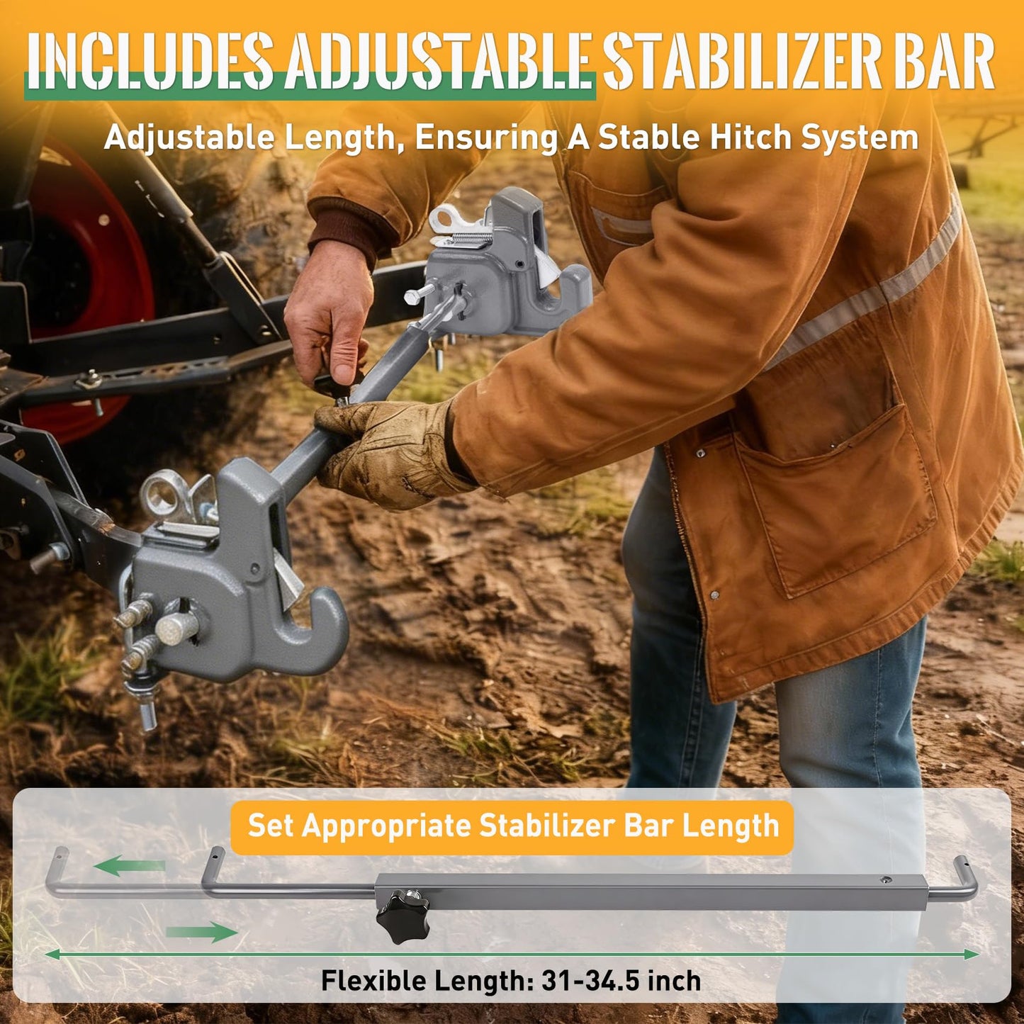 Upgraded Cat 1 Tractor Easy Change Quick Hitch System, Compatible with 3 Point Hitch Adapter, Tractor Hitch Faster Attach and Detach to Implements, Comes Stabilizer Bar, Grey