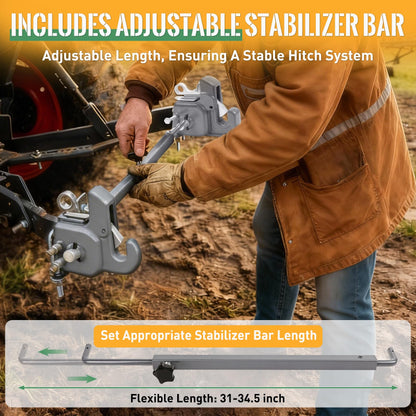 Upgraded Cat 1 Tractor Easy Change Quick Hitch System, Compatible with 3 Point Hitch Adapter, Tractor Hitch Faster Attach and Detach to Implements, Comes Stabilizer Bar, Grey