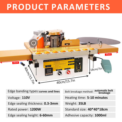 Edge Banding Machine, Portable Woodworking Edge Bander Curve Straight, Dual-Side Glue Application, Automatic Tape Breaking&Intelligent Temperature Control & Adjustable Speed 5-10m/min (110V)