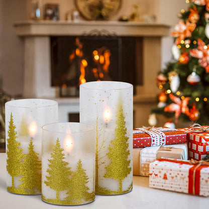 DRomance Christmas Tree Glass Flameless Candles with Remote Timer Battery Operated Real Wax 3D Wick LED Flickering Pillar Candles Christmas Holiday Decor(Gold, 3 x 4,5,6 Inch)