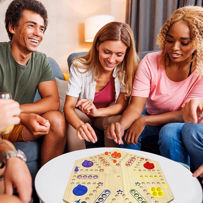 Wooden Wahoo &amp Board Game – Double-Sided Painted Fast Track Game for 4 to 6 Players with 30 Marbles and 6 Dice Ideal for Family Game Night and Friends Gatherings (Wooden)