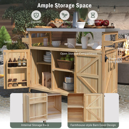 Sailret Outdoor Kitchen Island with Stainless Steel Top, Rolling Bar Cart & Storage Cabinet, 100% Solid Fir Wood BBQ Prep Station Grill Table with Spice Rack & Towel Holder (Natural, 50-Inch)