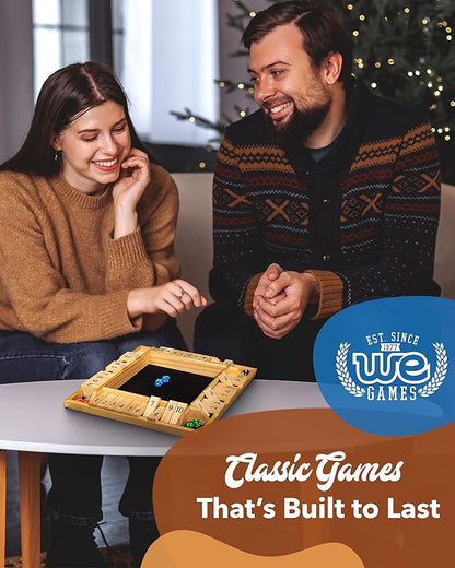 WE Games Wooden Shut the Box Game 4 Player - 10 Number Tiles &amp 8 Dice - Large 14-Inch Natural Wood Finish