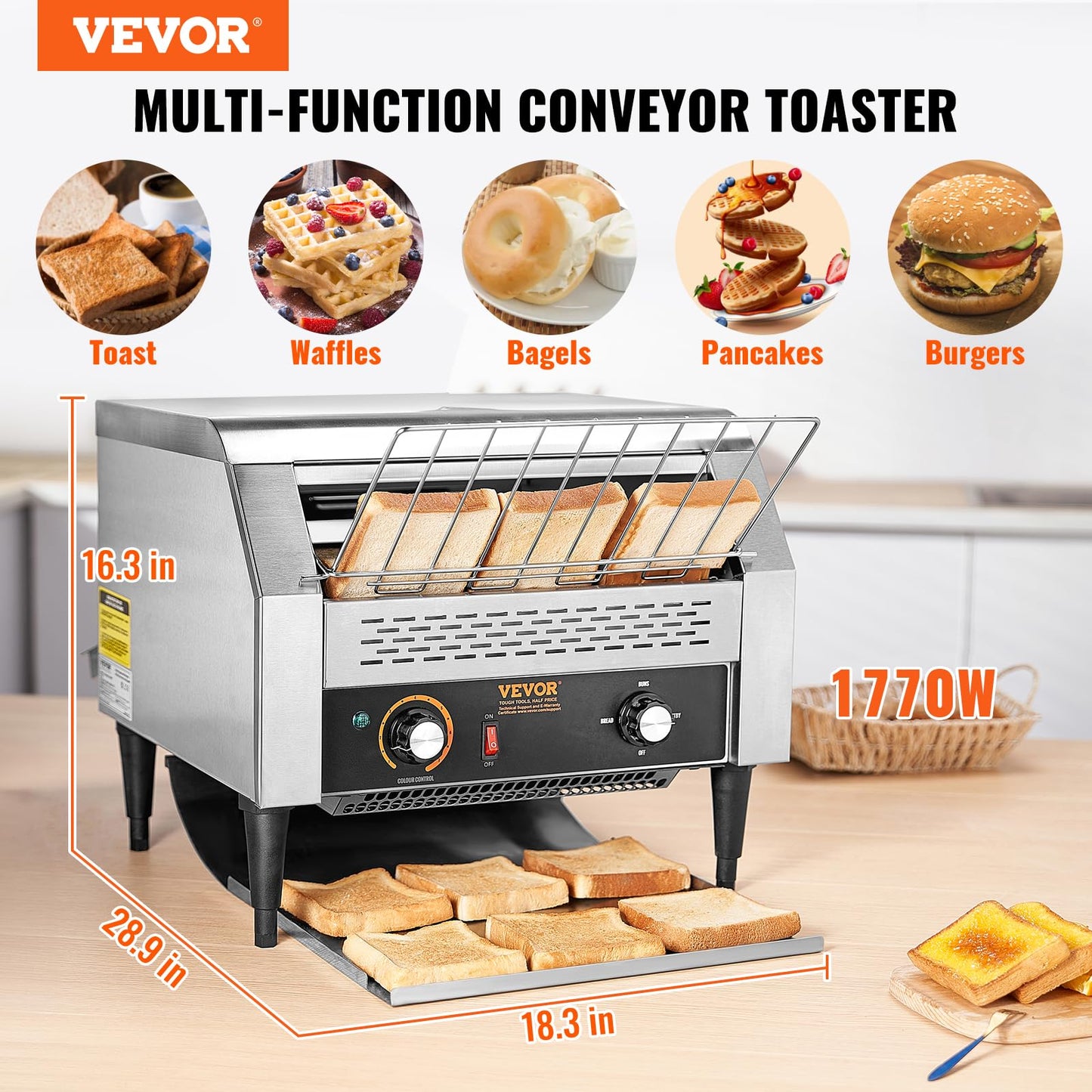 VEVOR 1770W Commercial Conveyor Toaster, 450 Slices per Hour, Heavy Duty Electric Toaster Oven, Food-Grade 304 Stainless Steel Conveyor Belt, Dual Knob Control, for Restaurant Bakery Bread Bagel Bun