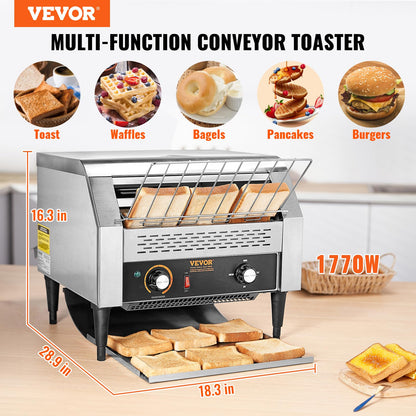 VEVOR 1770W Commercial Conveyor Toaster, 450 Slices per Hour, Heavy Duty Electric Toaster Oven, Food-Grade 304 Stainless Steel Conveyor Belt, Dual Knob Control, for Restaurant Bakery Bread Bagel Bun